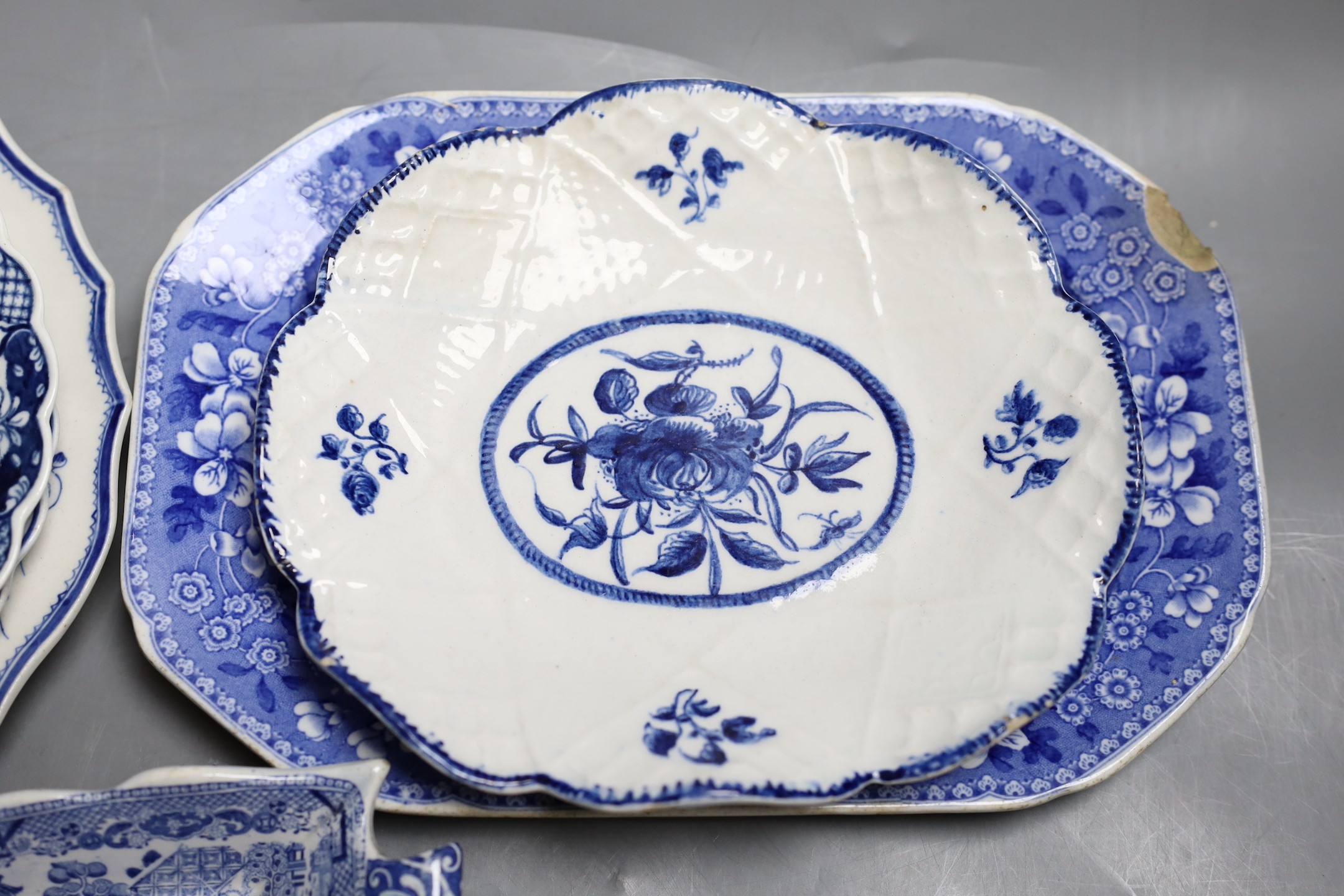 A Bow blue and white dish, 19.5cm, three Worcester blue and white plates, late 18th century and three 19th century blue and white pottery dishes